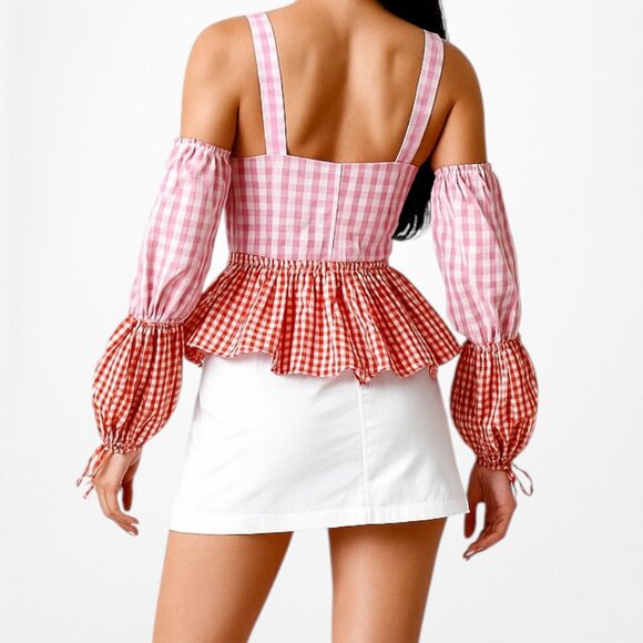 Pink Red Cold Shoulder Plaid Checkered Long Puffy Sleeve Peplum Top Size XS - Picture 4 of 9